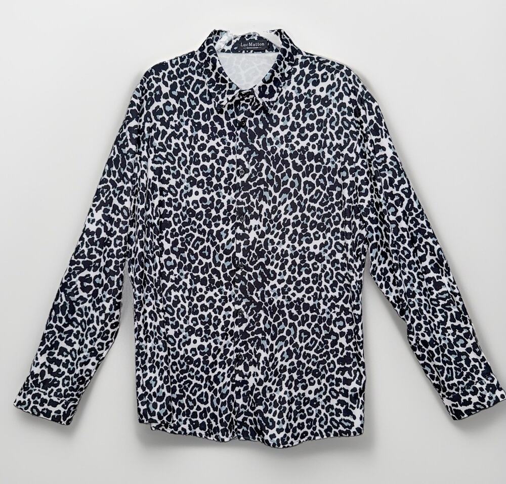 Luc Matton Mens Extra Large XL Gray Black Cheetah Print Casual Shirt Stretch